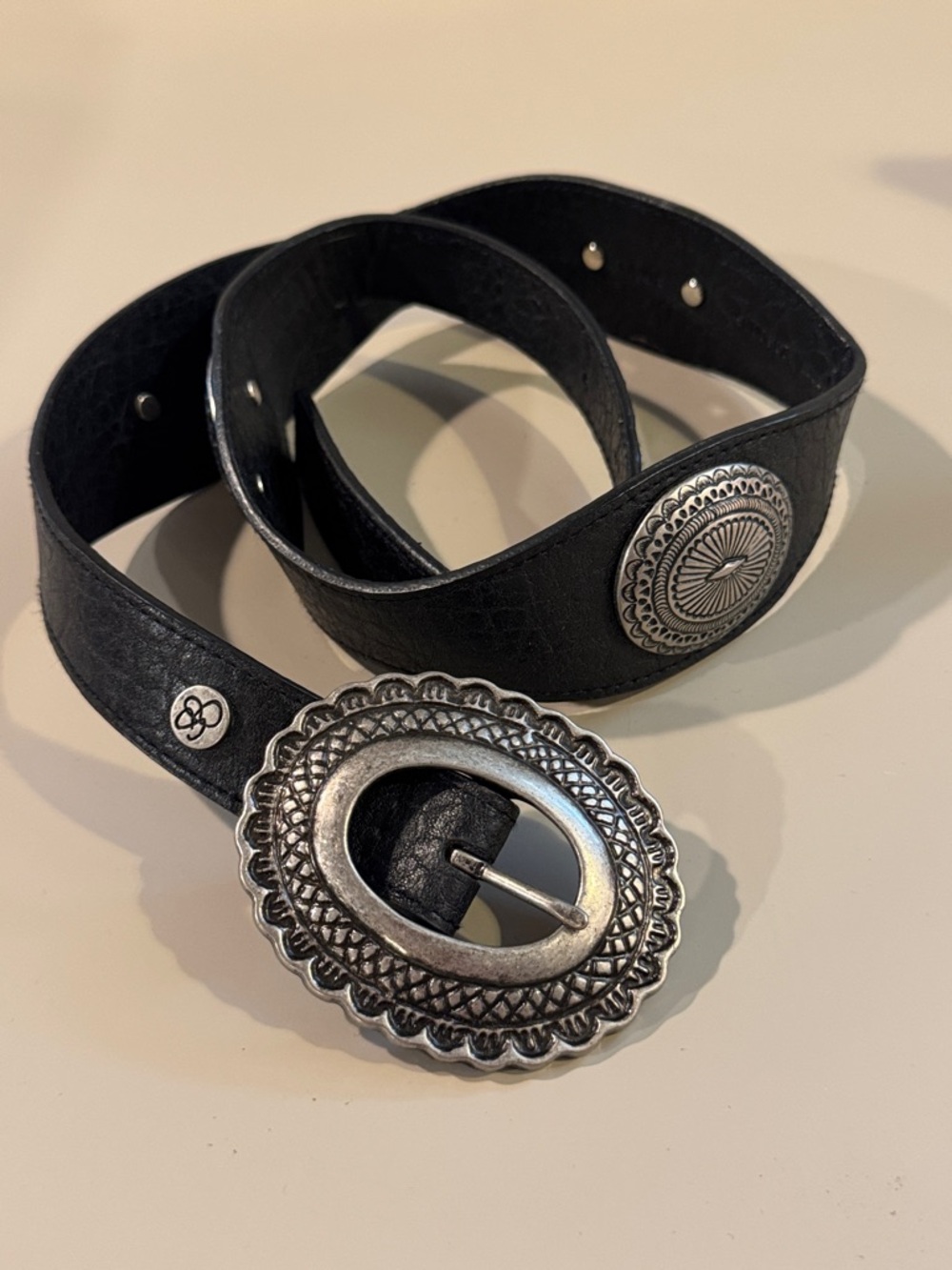 Vintage Brighton Western Style Ornamental Taper Leather Belt Chunky Silver Plate